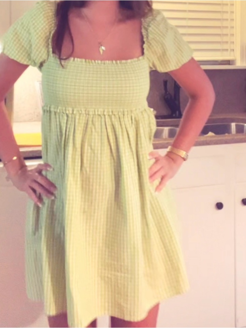 Aritzia Sunday Best of Hadley Green Gingham Puff-Sleeve Dress